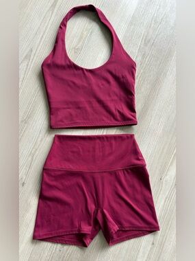 Garage Burgundy Halter Crop Top and High-Waist Bike Shorts Set